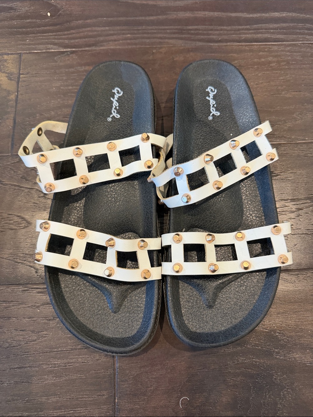 Qupid White Studded Double-Strap Slide Sandals